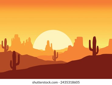 Panoramic view of the desert in America. Vector illustration in flat style.