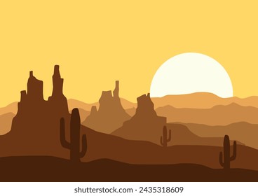 Panoramic view of the desert in America. Vector illustration in flat style.