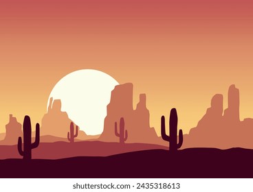 Panoramic view of the desert in America. Vector illustration in flat style.