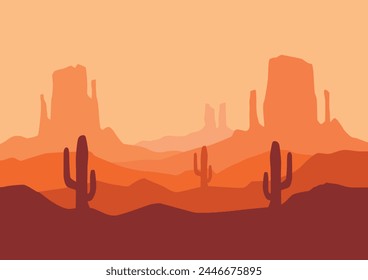 Panoramic view of the desert in America. Vector illustration in flat style.