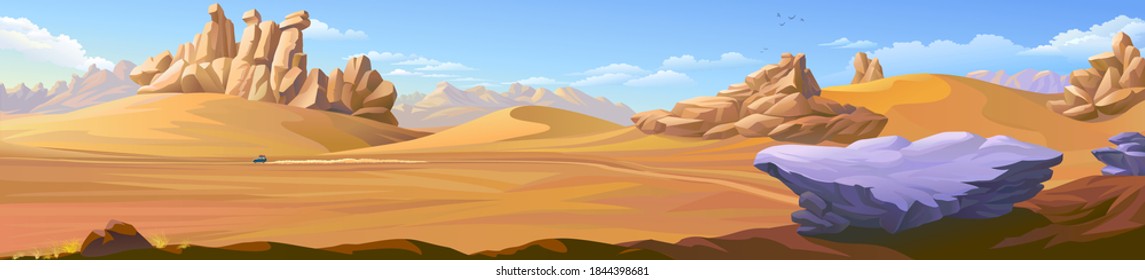 Panoramic view of a desert landscape with a vehicle travelling across the sand dunes.