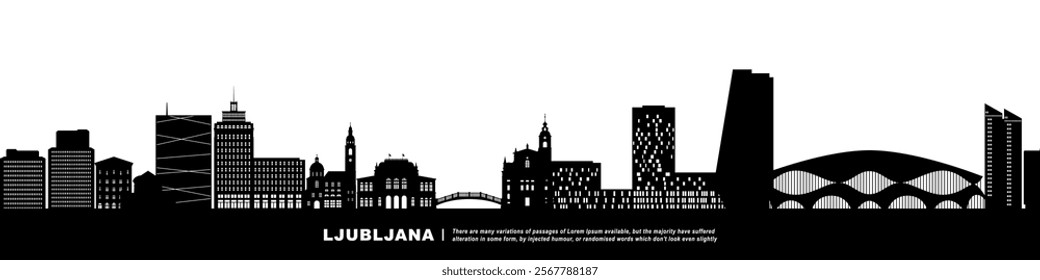 Panoramic View of Downtown Ljubljana Skyline. Ljubljana city black silhouette skyscrapers and buildings. Long cityscape.