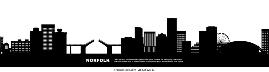 Panoramic View of Downtown Norfolk Skyline. Norfolk city black silhouette skyscrapers and buildings. Long cityscape.