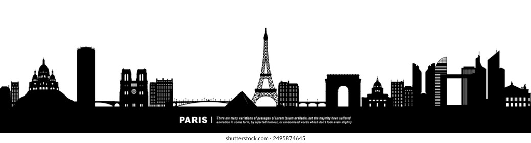 Panoramic View of Downtown Paris Skyline. Paris city black silhouette skyscrapers and buildings. Long cityscape.