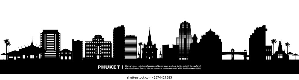 Panoramic View of Downtown Phuket Skyline. Phuket city black silhouette skyscrapers and buildings. Long cityscape.