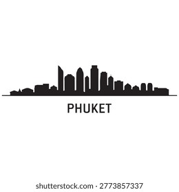 Panoramic View of Downtown Phuket Skyline. Phuket city black silhouette skyscrapers and buildings. Long cityscape. Vector black silhouette. with white background

