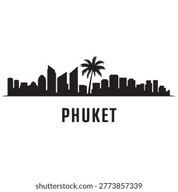 Panoramic View of Downtown Phuket Skyline. Phuket city black silhouette skyscrapers and buildings. Long cityscape. Vector black silhouette. with white background
