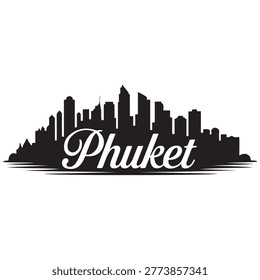 Panoramic View of Downtown Phuket Skyline. Phuket city black silhouette skyscrapers and buildings. Long cityscape. Vector black silhouette. with white background
