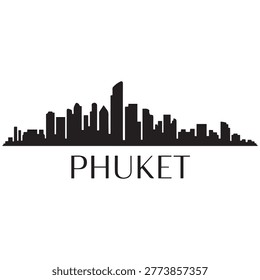 Panoramic View of Downtown Phuket Skyline. Phuket city black silhouette skyscrapers and buildings. Long cityscape. Vector black silhouette. with white background
