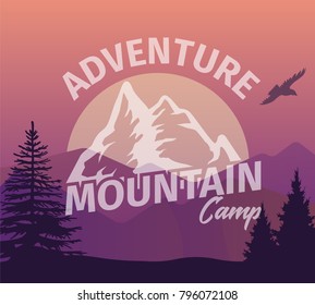 Panoramic view at dusk or evening. Mountain with flying bird or bald eagle, fir tree or pines. Scenic landscape of misty morning in north america. Adventure camp banner. Wildlife and environment theme