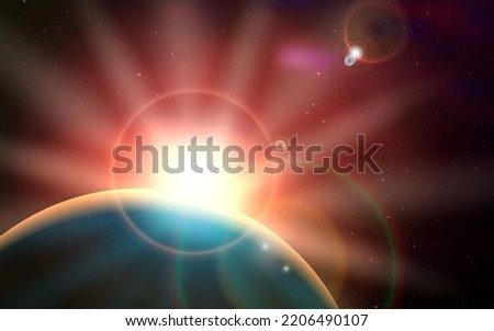 Panoramic view of the Earth, sun, star and galaxy. Sunrise over planet Earth, view from space. Concept on the theme of ecology, environment, Earth Day.