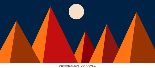 Panoramic view. Egyptian pyramids in the desert on a dark background. with full moon. vector illustrations