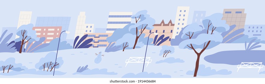 Panoramic view of empty public city park with bench, snowman and trees covered with snow. Peaceful snowy winter landscape on background of urban buildings. Colored flat cartoon vector illustration