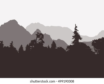 Panoramic view of the forest and mountains. Vector illustration