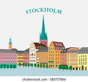 Panoramic view of the Gamla Stan. Stockholm, Sweden. Vector illustration