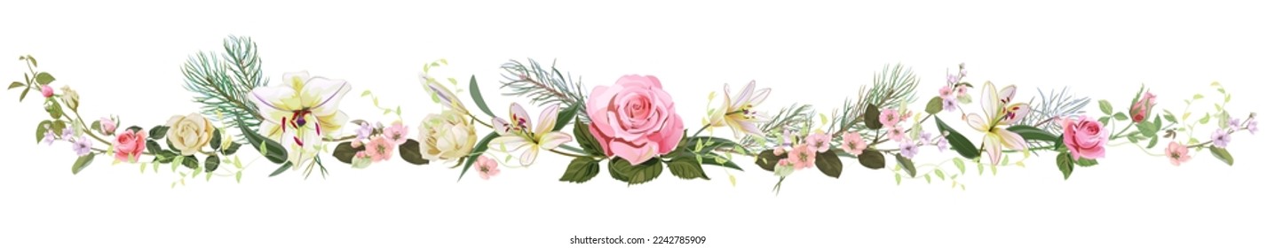 Panoramic view with gentle roses, lilies, spring blossom, pine branches. Horizontal border for Valentine's Day: flowers, leaves on white background, digital draw, vintage watercolor style, vector