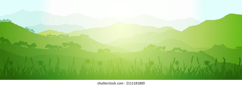 Panoramic view of green hills and mountains on sunny morning, vector illustration