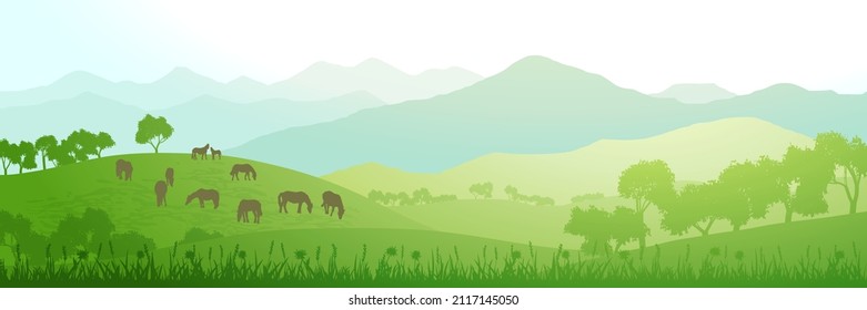 Panoramic view of green hills and mountains on sunny morning, horses graze in the meadow, vector illustration