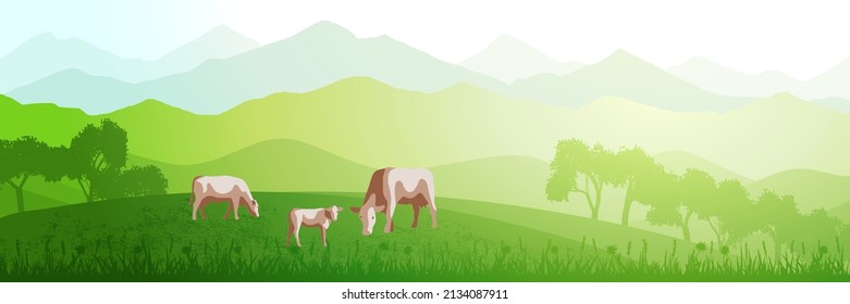 Panoramic view of green hills and mountains on sunny morning, vector illustration