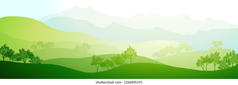 Panoramic view of green hills and mountains on sunny morning, vector illustration