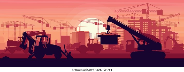 Panoramic view of heavy machinery of backhoe, soil compactor, wheel excavator, concrete truck, hammer excavator and telescopic crane for building construction