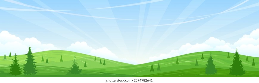 A panoramic view of the hills. Green meadows with trees, country scene. Clear blue sky and clouds. Wide banner. Vector illustration.