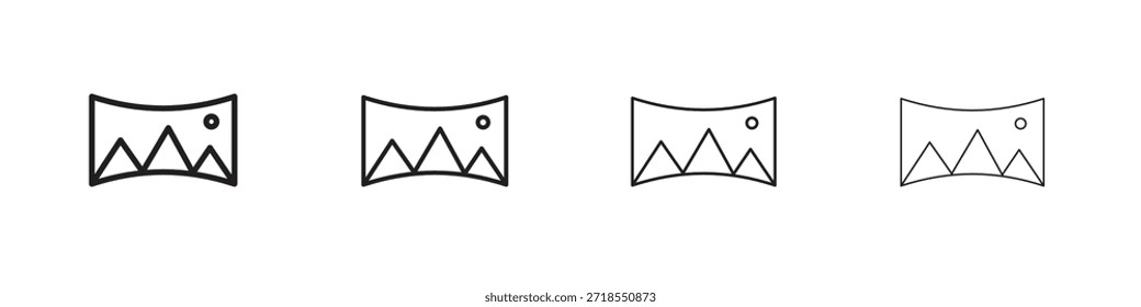 Panoramablick-Symbole, Satz von linearen Symbolen. Schwarze lineare Palmensymbole