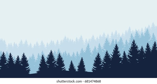 Panoramic view of landscape with blue forest under cloudy sky - vector