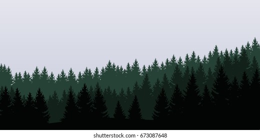 Panoramic view of landscape with green forest under cloudy sky - vector