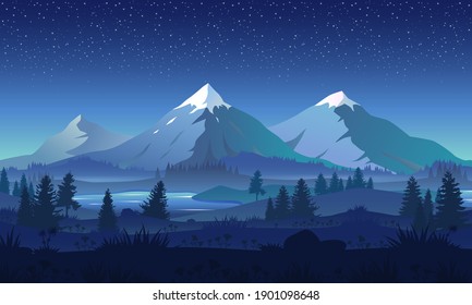 Vista panorámica de las grandes montañas con un hermoso cielo estrellado. Un paisaje plano de caricaturas con la naturaleza. Paisaje nocturno. Ilustración vectorial.