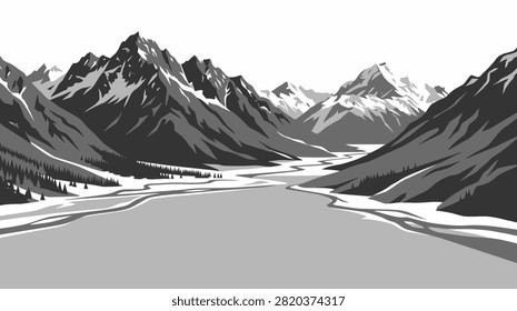 Panoramic view of a majestic mountain range, a winding river, and snowy summits under a clear sky.