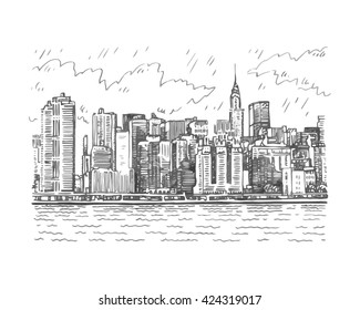 Panoramic view of Manhattan, New York, USA. Sketch by hand. Vector illustration. Engraving style