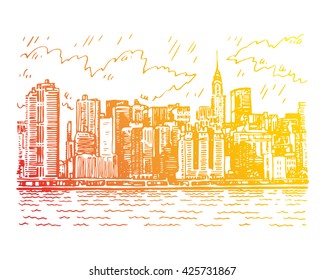 Panoramic view of Manhattan, New York, USA. Sketch by hand. Vector illustration. Engraving style