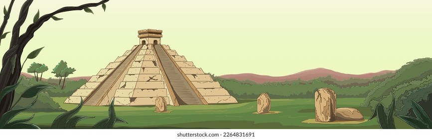 Panoramic view of the Mayan pyramid. Archaeological landmark, ancient temple of Mexican culture. Wildlife scene, jungle, ruins. Hand drawing, outline. Parallax scene effect. Vector illustration.