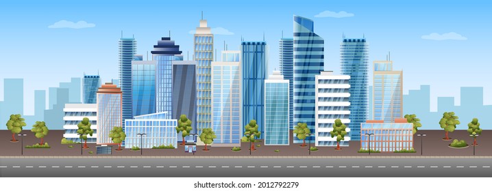 Panoramic view of modern city buildings. Urban cityscape. City landscape. Vector illustration