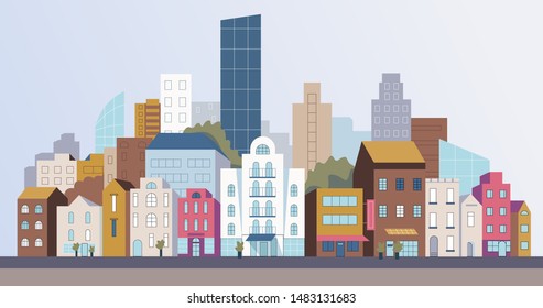 Panoramic view of modern downtown landscape with urban and historical old buildings, skyscrapers and trees. Shop windows. Cafes. Road. Sky. Flat vector illustration