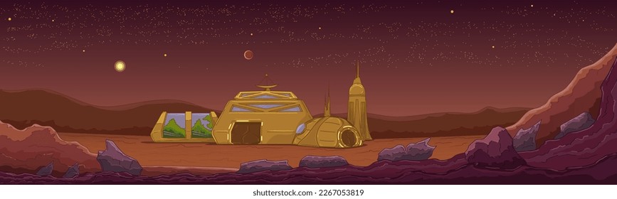 Panoramic view of the modular settlement. Planet colonization, expansion. Mountain range, rocky terrain, red planet. Housing buildings, greenhouse with plants. Hand drawn cartoon. Vector illustration.