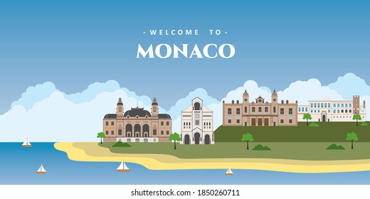 Panoramic view of Monaco with architectural building landmarks. Welcome to Monaco postcard. Travel and safari concept. European world travel sightseeing vacation vector illustration