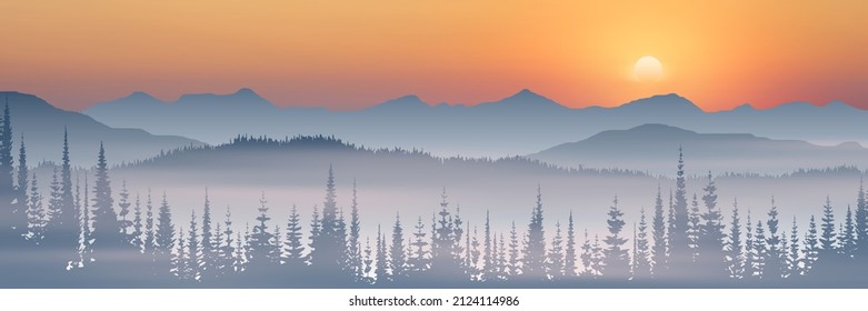 Panoramic view of the morning landscape, the sun rises, forest and mountains in the fog