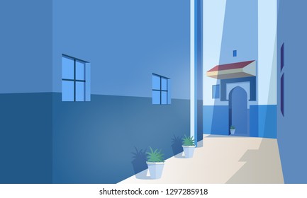 Panoramic view of Moroccan city with ancient buildings, door of traditional form and plants growing in pots. Old street of Marrakesh or Casablanca on sunny summer day. Flat vector illustration.