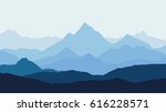 panoramic view of the mountain landscape with fog in the valley below with the alpenglow blue sky and rising sun - vector