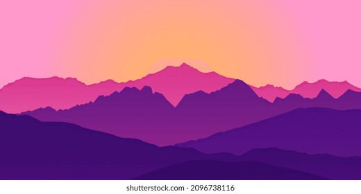 panoramic view of the mountain landscape with fog in the valley below with the alpenglow sky