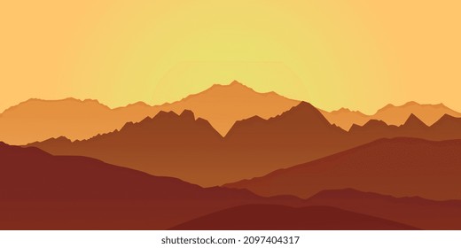 panoramic view of the mountain landscape with fog in the valley below with the alpenglow sky