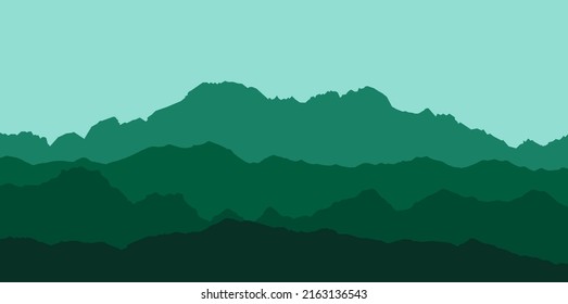 panoramic view of the mountain landscape with fog in the valley below with the alpenglow blue sky and rising sun - vector