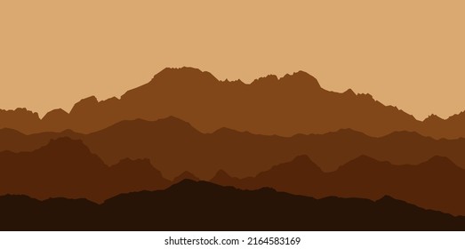 panoramic view of the mountain landscape with fog in the valley below with the alpenglow blue sky and rising sun - vector