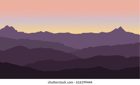 panoramic view of the mountain landscape with fog in the valley below with the alpenglow pink sky and rising sun - vector