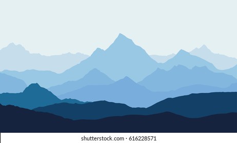 panoramic view of the mountain landscape with fog in the valley below with the alpenglow blue sky and rising sun - vector