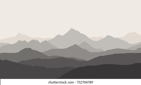 panoramic view of the mountain landscape with fog in the valley below with the alpenglow grey sky - vector