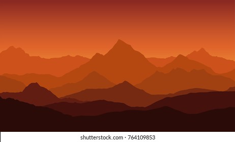 panoramic view of the mountain landscape with fog in the valley below with the alpenglow orange sky and rising sun - vector