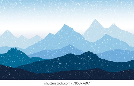 panoramic view of the mountain landscape with fog in the valley below with the snowfall - vector